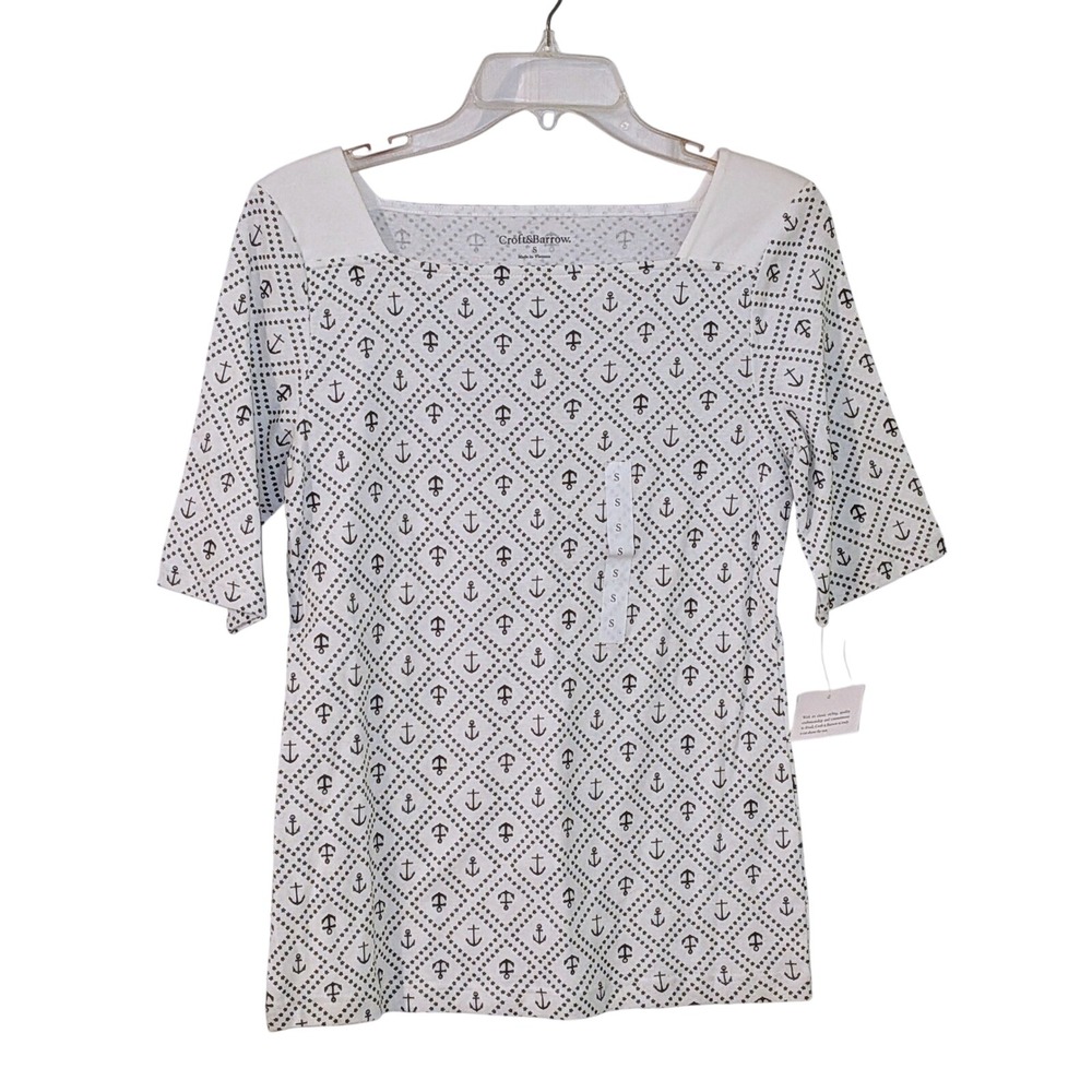 Croft & Barrow White Anchor Print Square Neck Elbow Sleeve Top Size Small NWT